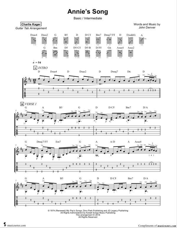 Annie´s Song TAB TUTORIAL SCORE Notation Fingerstyle Guitar Arrangement Sheet Music Download