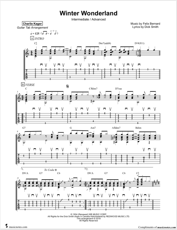FREE TAB PREVIEW Winter Wonderland Score Acoustic Fingerstyle Guitar Solo Arrangement Charlie Kager