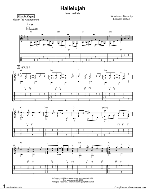 Hallelujah Fingerstyle Guitar Solo Arrangement Tab Tabs Charlie Kager