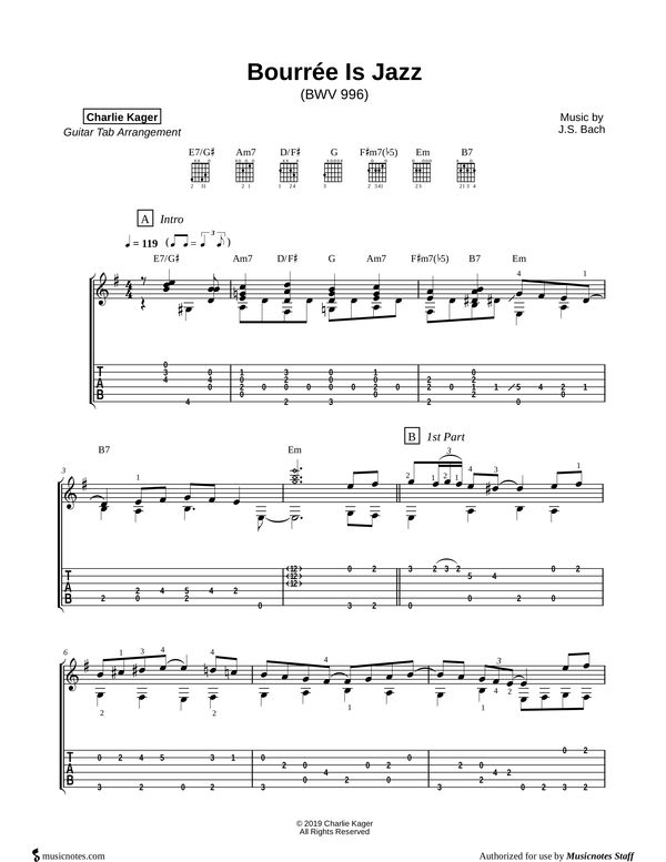Jazz Bourrée BWV 996 Guitar tab preview sheet music