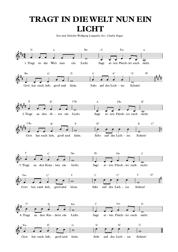 Tragt in die Welt nun ein Licht Noten Text Gitarre Klavier