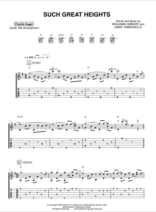 Such Great Heights Iron & Wine - solo guitar cover tab