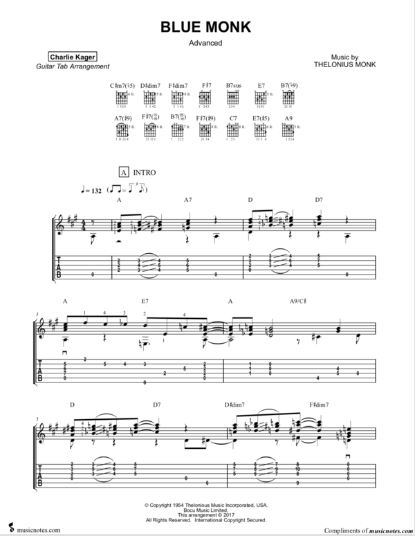 FREE PREVIEW BLUE MONK Tab Tutorial Acoustic Fingerstyle Guitar Solo Arrangement Score Sheet Music