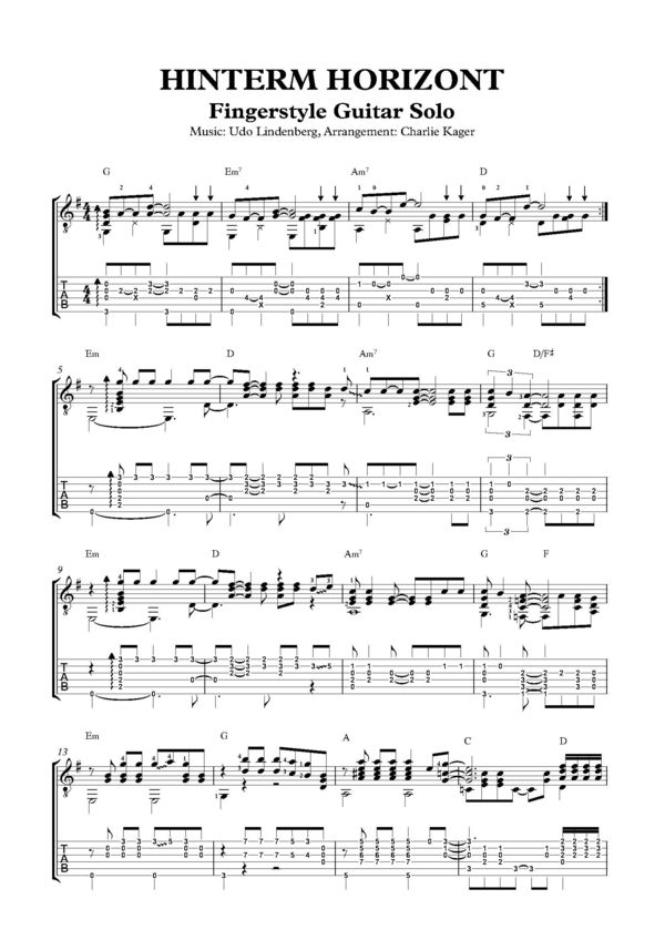 Hinterm Horizont FREE PREVIEW (Udo Lindenberg) Bearbeitung für Gitarre Solo Fingerstyle Tab Tutorial Arrangement Sheet Music Noten