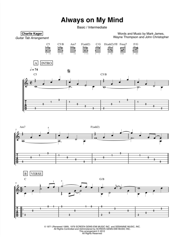 Always On My Mind DOWNLOAD FREE TAB SCORE PREVIEW
