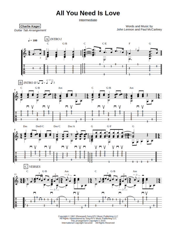 All You Need Is Love Guitar Tab Preview Charlie Kager