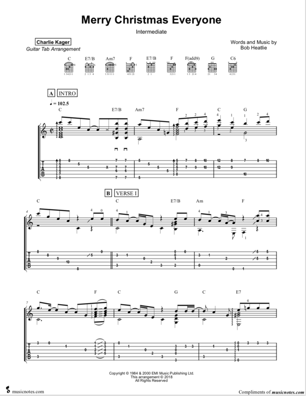 Merry Christmas Everyone Shakin' Stevens Tab Score Fingerstyle Guitar Free Preview