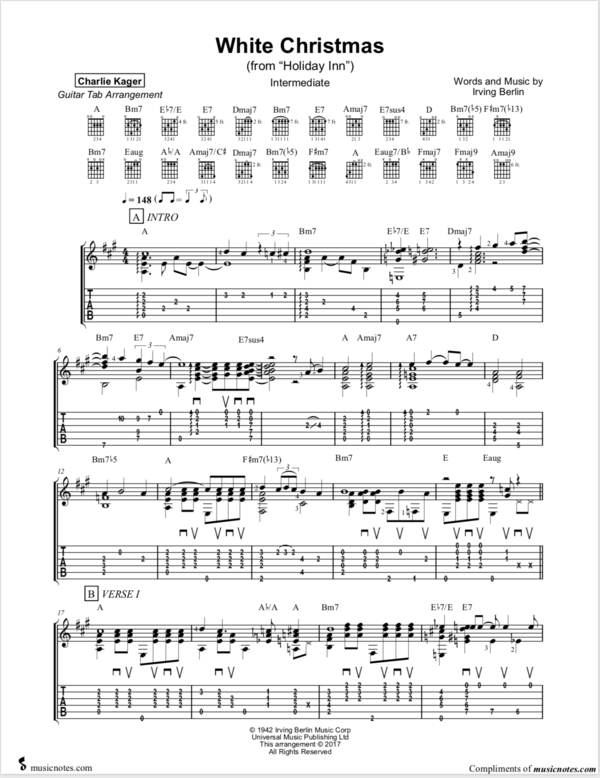 FREE PREVIEW White Christmas Tab Tutorial Acoustic Fingerstyle Guitar Solo Arrangement Score Sheet Music