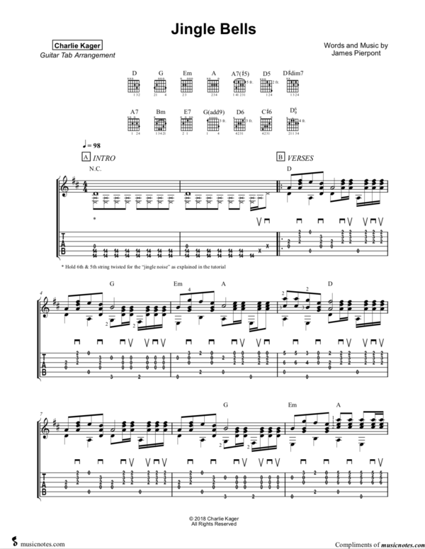 Jingle Bells 1 FREE TAB & SCORE Fingerstyle Guitar Arrangement (C) Charlie Kager