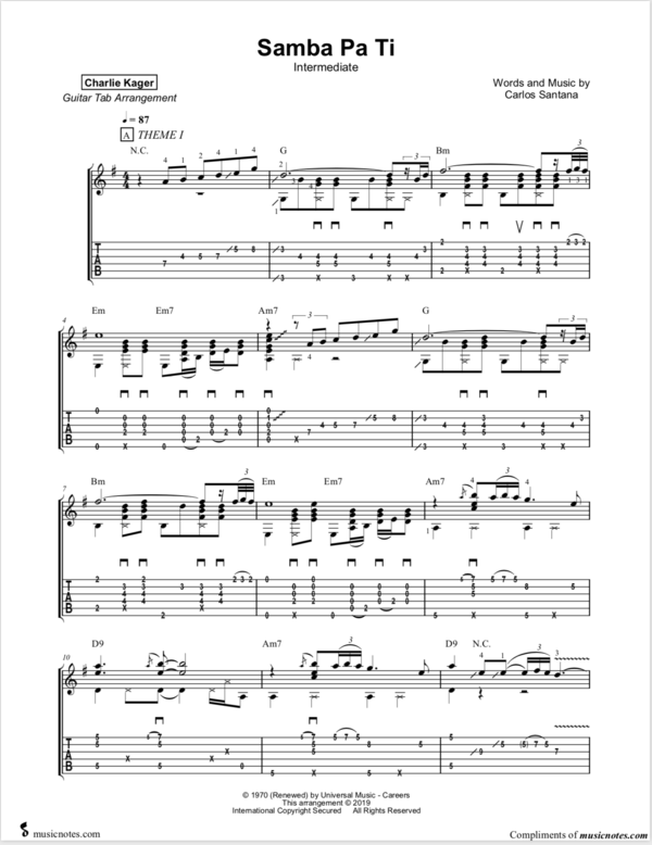 Samba Pa Ti Fingerstyle Guitar Solo Arrangement Tab Tabs Charlie Kager