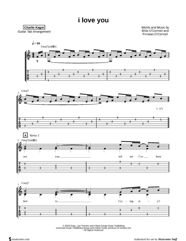 I Love You Billie Eilish Fingerstyle Guitar Cover Tab Preview