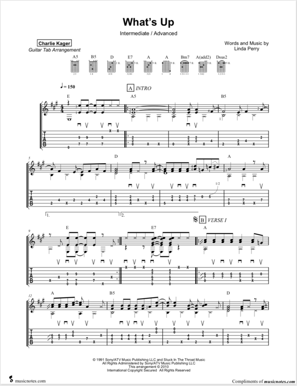 What's Up FREE TAB PREVIEW DOWNLOAD Fingerstyle Guitar Solo Arrangement Charlie Kager