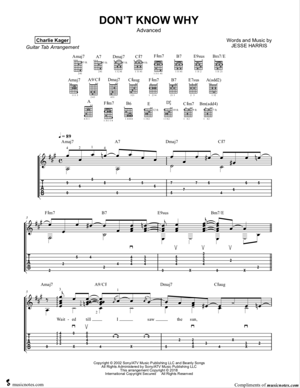 DON'T KNOW WHY Fingerstylr Guitar Cover FREE PREVIEW TAB & Score Norah Jones Version