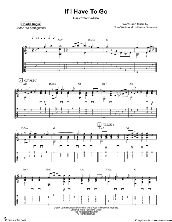 FREE PREVIEW If I Have To Go (TOM WAITS) Tab Tutorial Acoustic Fingerstyle Guitar Solo Arrangement Score Sheet Music