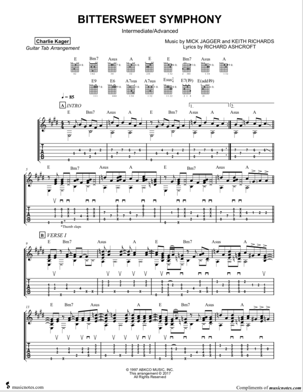 FREE PREVIEW Bittersweeet Symphony Tab Tutorial Acoustic Fingerstyle Guitar Solo Arrangement Score Sheet Music
