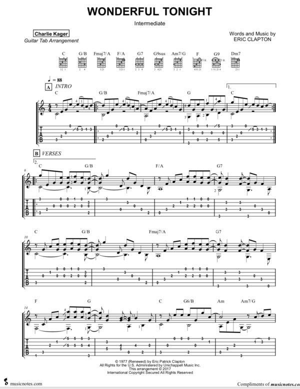 FREE PREVIEW Wonderful Tonight (Eric Clapton) Tab Tutorial Acoustic Fingerstyle Guitar Solo Arrangement Score Sheet Music
