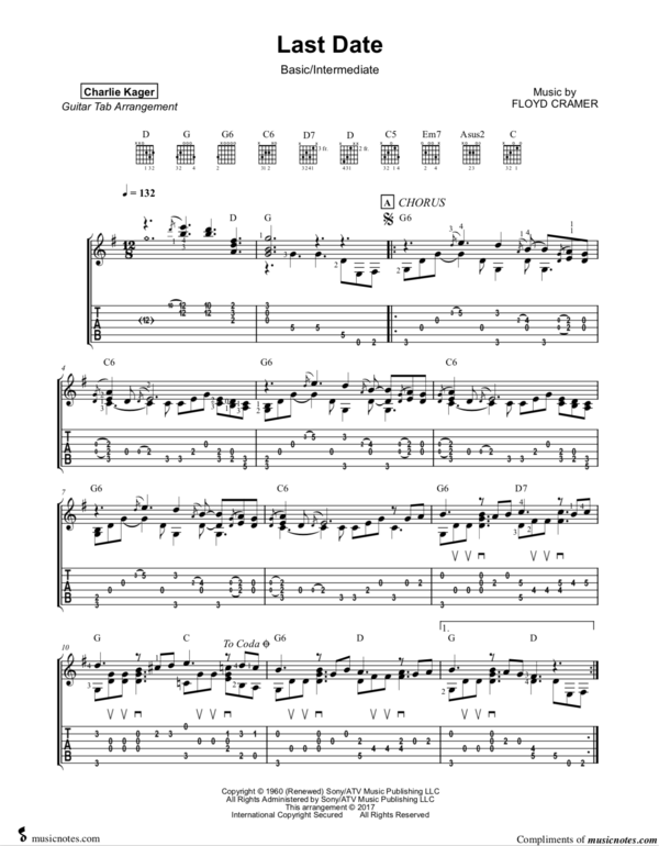 FREE PREVIEW LAST DATE (Duane Eddy) Tab Tutorial Acoustic Fingerstyle Guitar Solo Arrangement Score Sheet Music